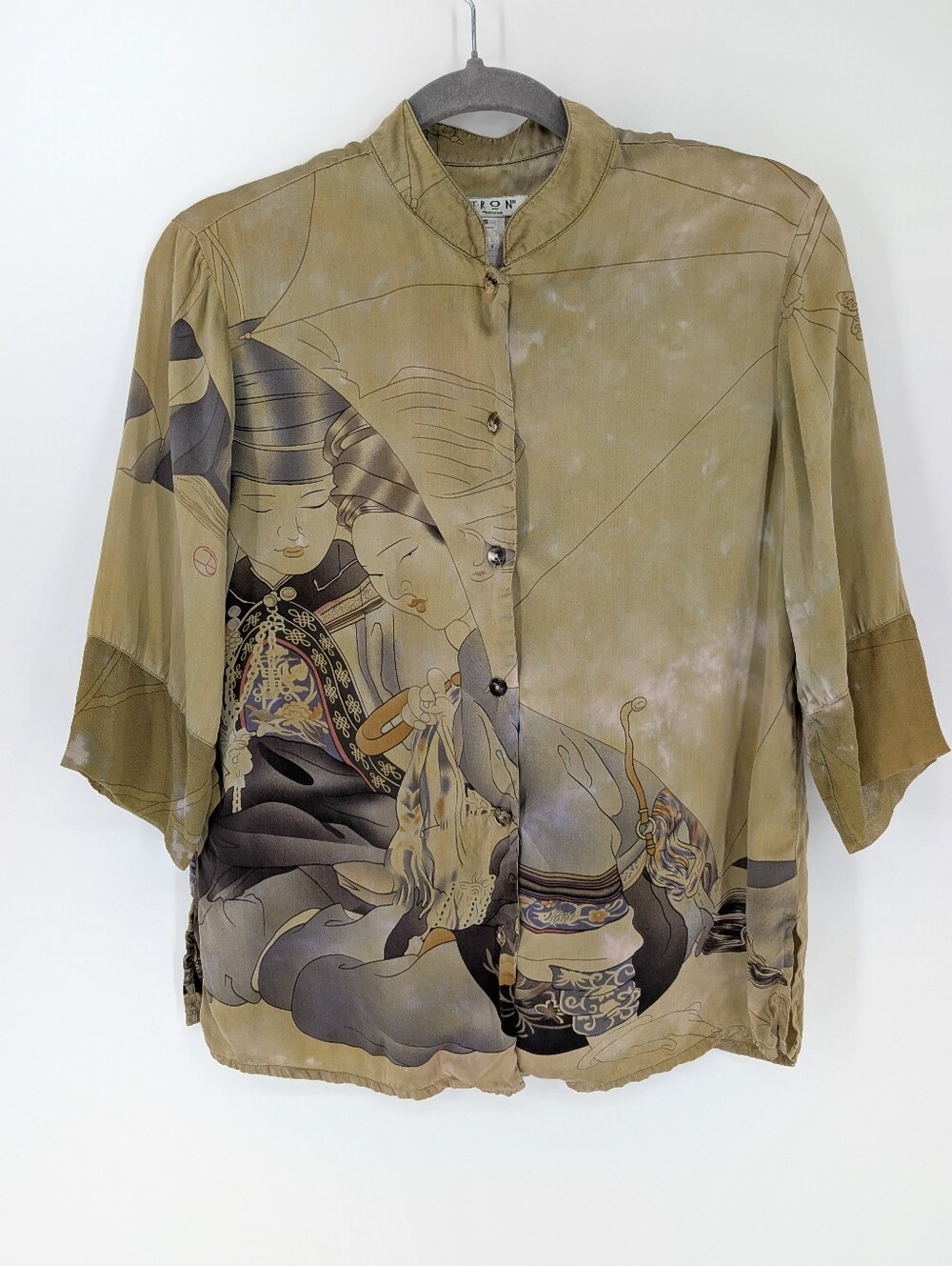 Citron Santa Monica Silk Button-Up Top Blouse Asian Geisha Vintage SZ Small